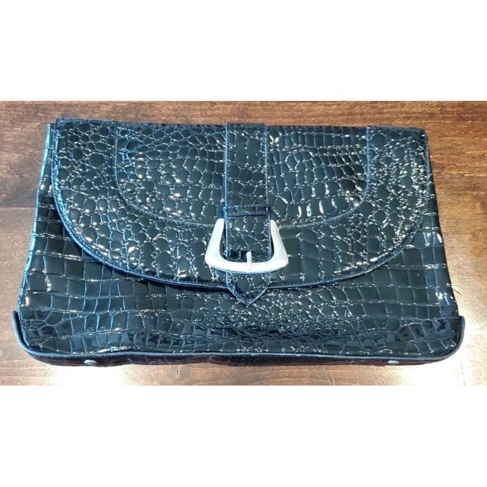 White House Black Market Black Croc Purse Clutch Handbag Silver Buckle Large - Picture 1 of 8
